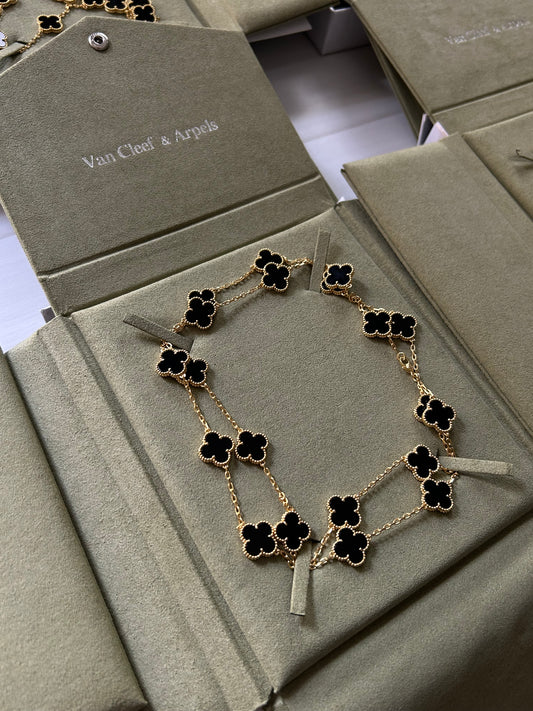 Collar largo tipo VC Plata .925 baño en oro 18k dorado con negro